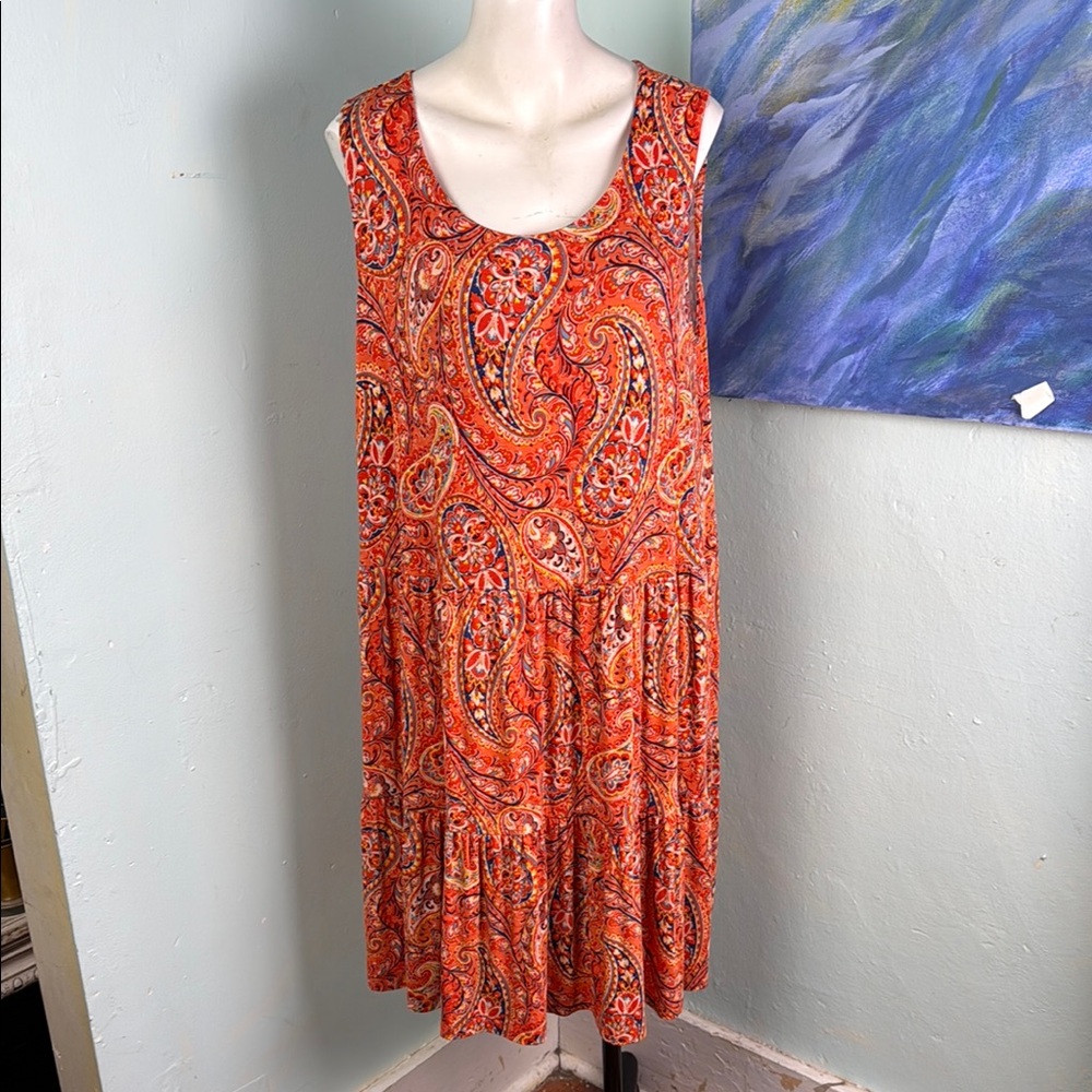PLUS SIZE Sigrid Olsen Summer Paisley stetch dress sleeveless ruffle tiered 1X - Picture 3 of 10
